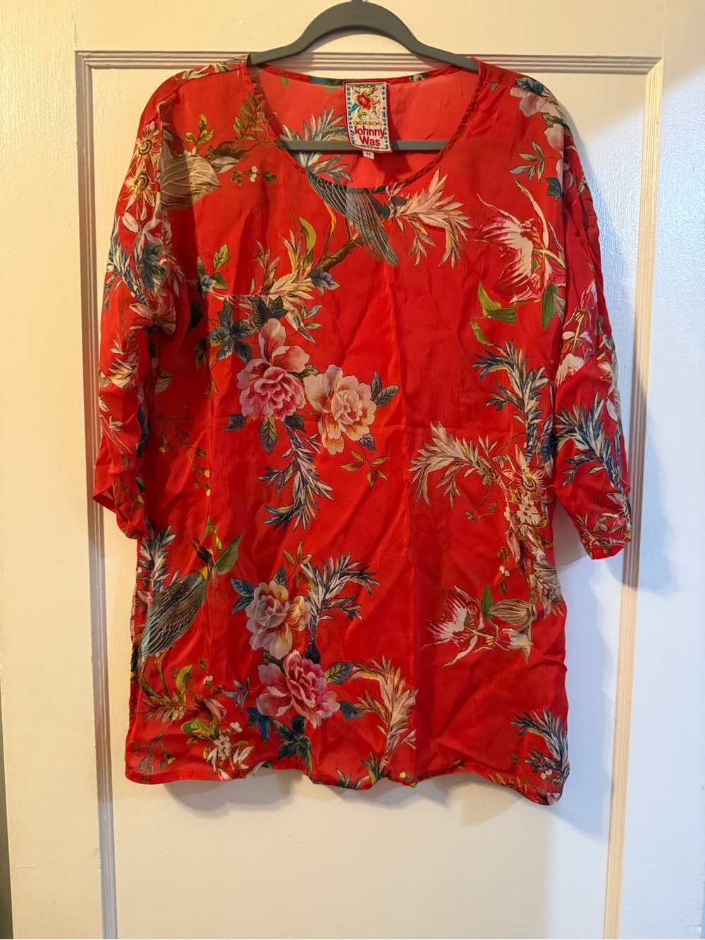 Johnny Was Vibrant Red Floral V-Neck Tunic, Size M